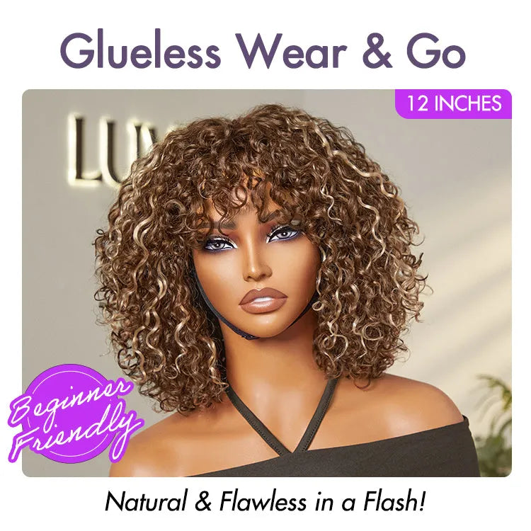 Beginner Friendly Ash Blonde Highlights Water Wave True Scalp Minimalist Lace Glueless Curly Wig with Bangs Secondary image
