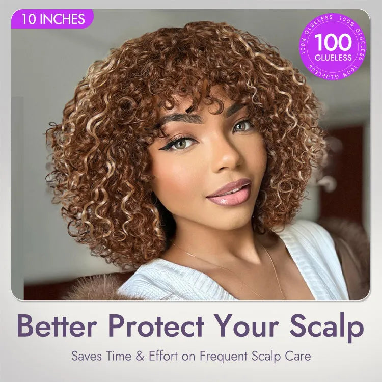 Beginner Friendly Ash Blonde Highlights Water Wave True Scalp Minimalist Lace Glueless Curly Wig with Bangs