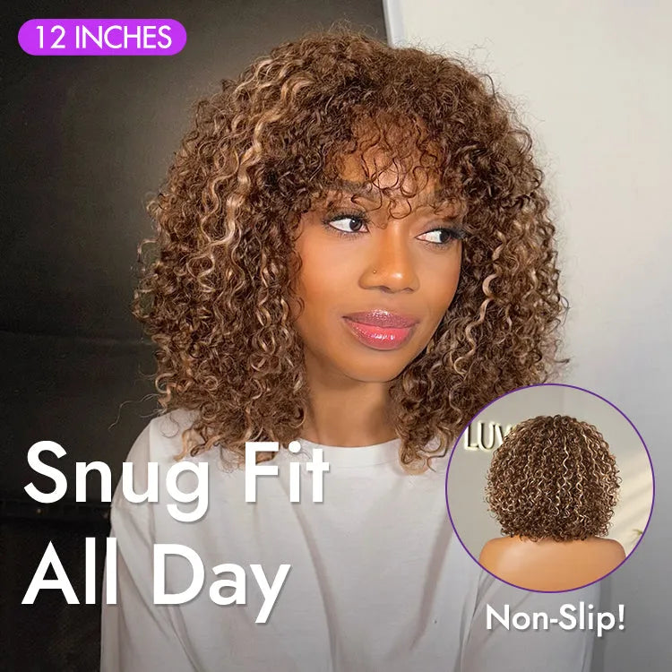 Beginner Friendly Ash Blonde Highlights Water Wave True Scalp Minimalist Lace Glueless Curly Wig with Bangs