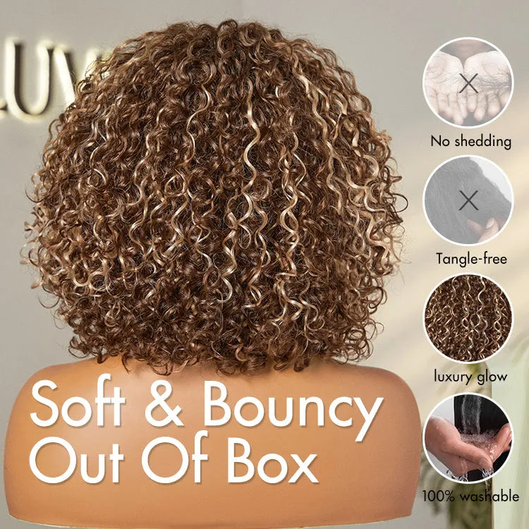 Beginner Friendly Ash Blonde Highlights Water Wave True Scalp Minimalist Lace Glueless Curly Wig with Bangs