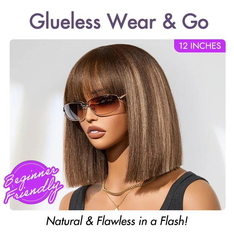 Ash Blonde Highlights with Dark Brown Base Yaki Blunt Cut Bob Wig with Bangs Glueless Minimalist Lace Short Wig Secondary image