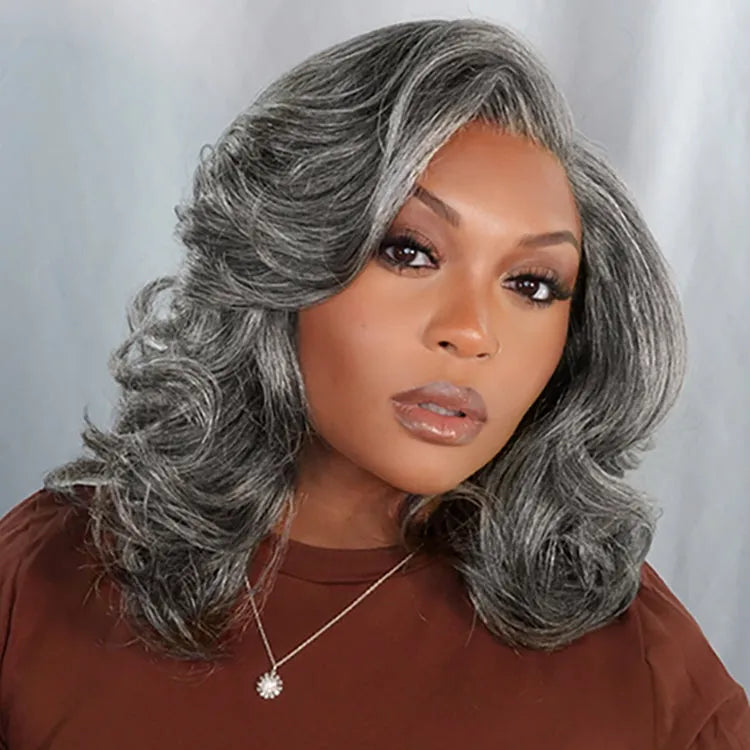 Layered Blowout Salt and Pepper Glueless Grey Wig Minimalist HD Lace Shoulder Length Wavy Wig Main image