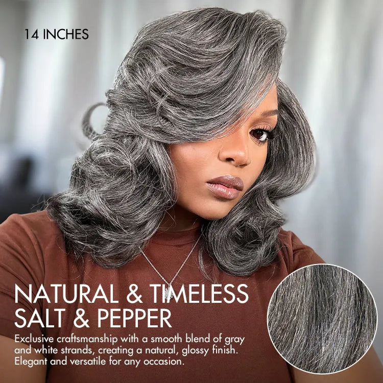 Layered Blowout Salt and Pepper Glueless Grey Wig Minimalist HD Lace Shoulder Length Wavy Wig Secondary image