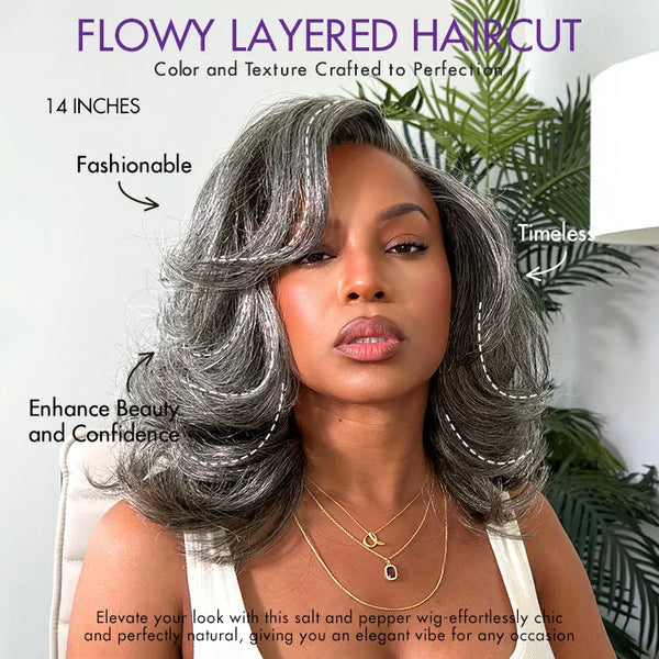 Layered Blowout Salt and Pepper Glueless Grey Wig Minimalist HD Lace Shoulder Length Wavy Wig