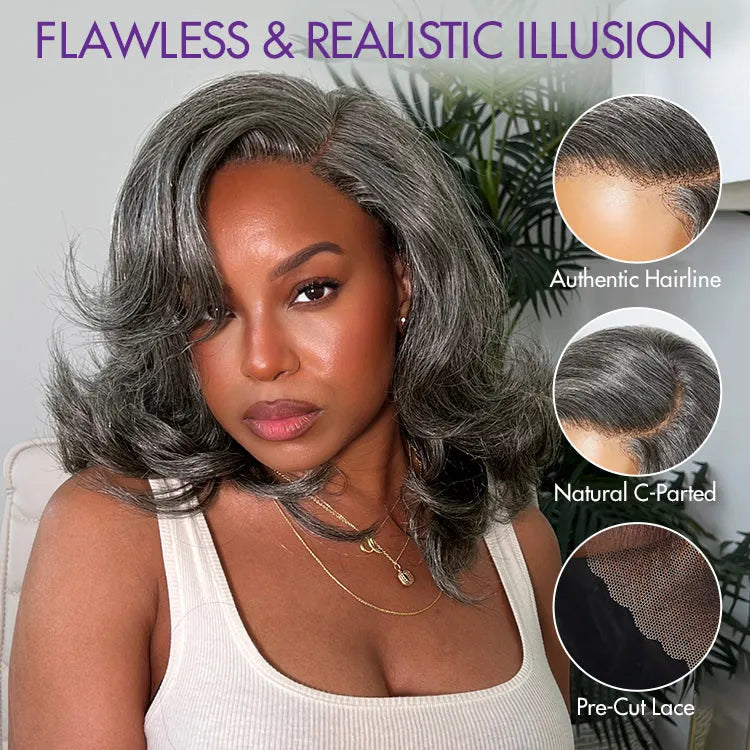 Layered Blowout Salt and Pepper Glueless Grey Wig Minimalist HD Lace Shoulder Length Wavy Wig