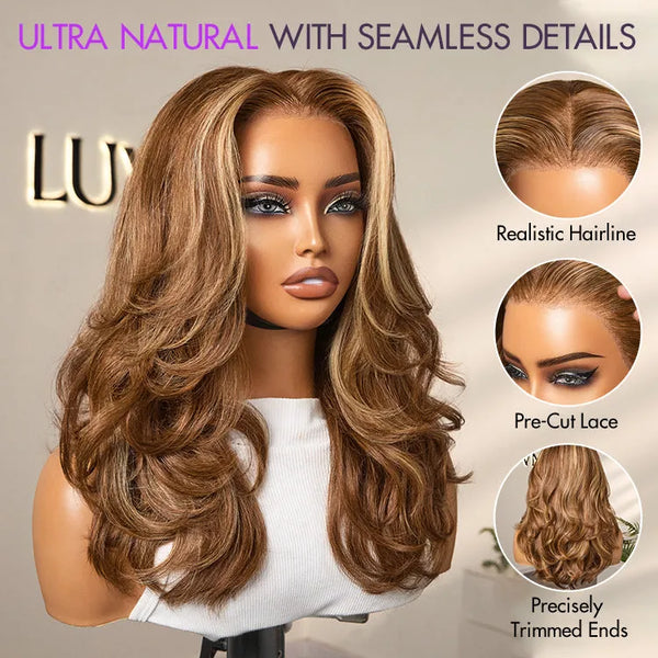PreMax Wigs - Honey Brown with Blonde Highlights / Natural Black Bouncy Body Wave Glueless 13x4 Frontal Lace Human Hair Wig