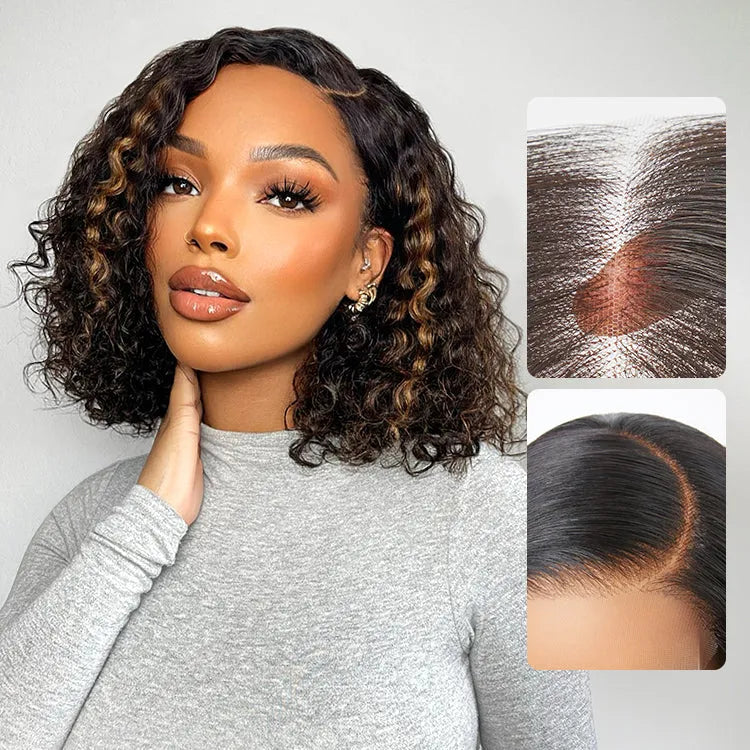 Blonde Highlight Short Curly Glueless Minimalist HD Lace Human Hair Wig Main image