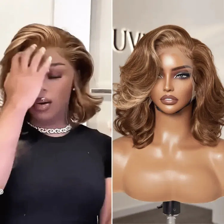 PreMax Wigs - Honey Brown with Blonde Highlights / Natural Black Bouncy Body Wave Glueless 13x4 Frontal Lace Human Hair Wig