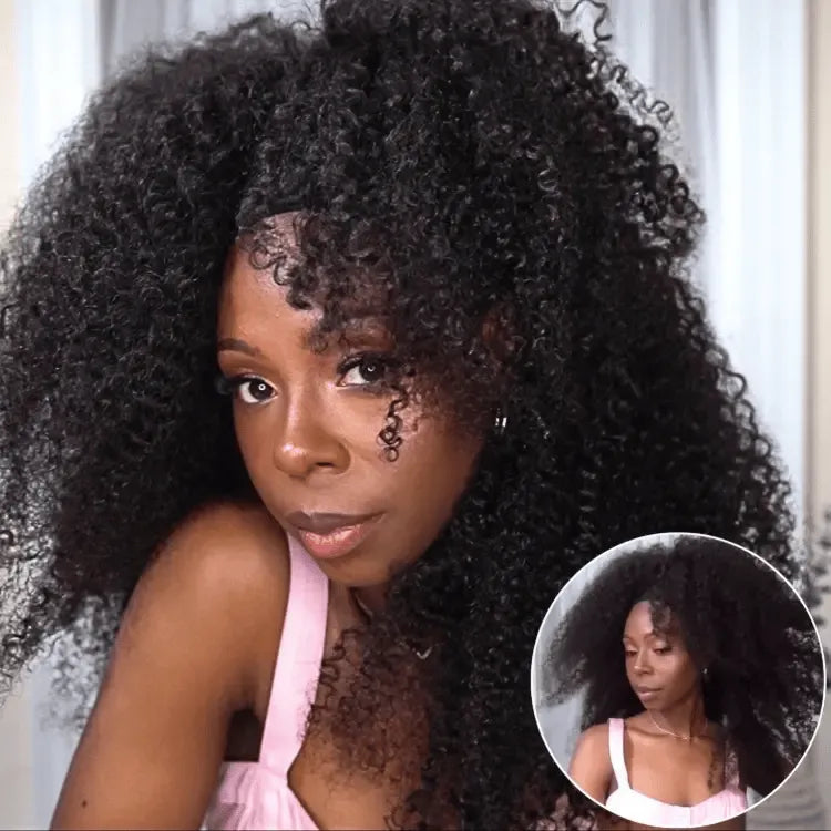 Natural Black Jerry Curly No Lace Glueless Free Part Long Headband Wig 100% Human Hair (Get Free Trendy Headbands) Main image