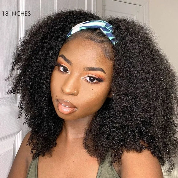 Natural Black Jerry Curly No Lace Glueless Free Part Long Headband Wig 100% Human Hair (Get Free Trendy Headbands)