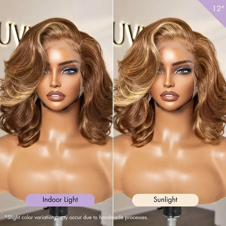 PreMax Wigs - Honey Brown with Blonde Highlights / Natural Black Bouncy Body Wave Glueless 13x4 Frontal Lace Human Hair Wig