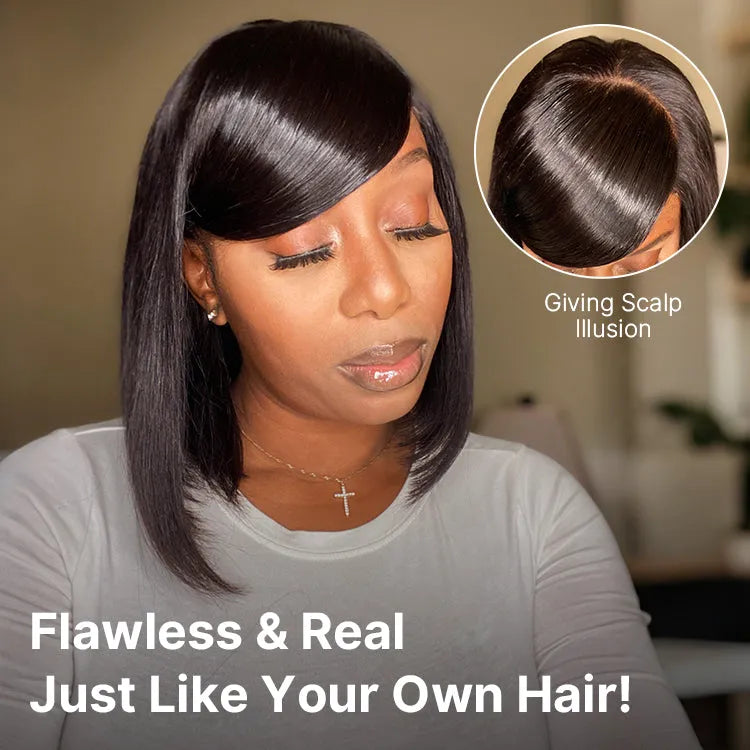 Swoop Bangs Breathable Cap Deep Left C Part Silky Straight Glueless 5x5 Closure Lace Bob Wig