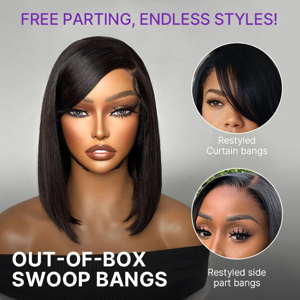 Swoop Bangs Breathable Cap Deep Left C Part Silky Straight Glueless 5x5 Closure Lace Bob Wig