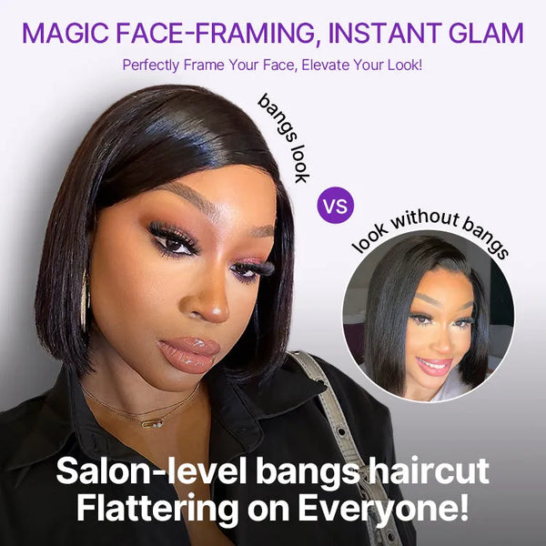Swoop Bangs Breathable Cap Deep Left C Part Silky Straight Glueless 5x5 Closure Lace Bob Wig