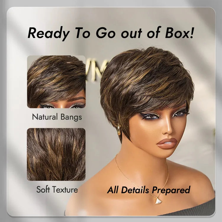 Mature Boss Glueless Throw On & Go Short Pixie Cut Wig with Bangs Breathable Cap - US Only