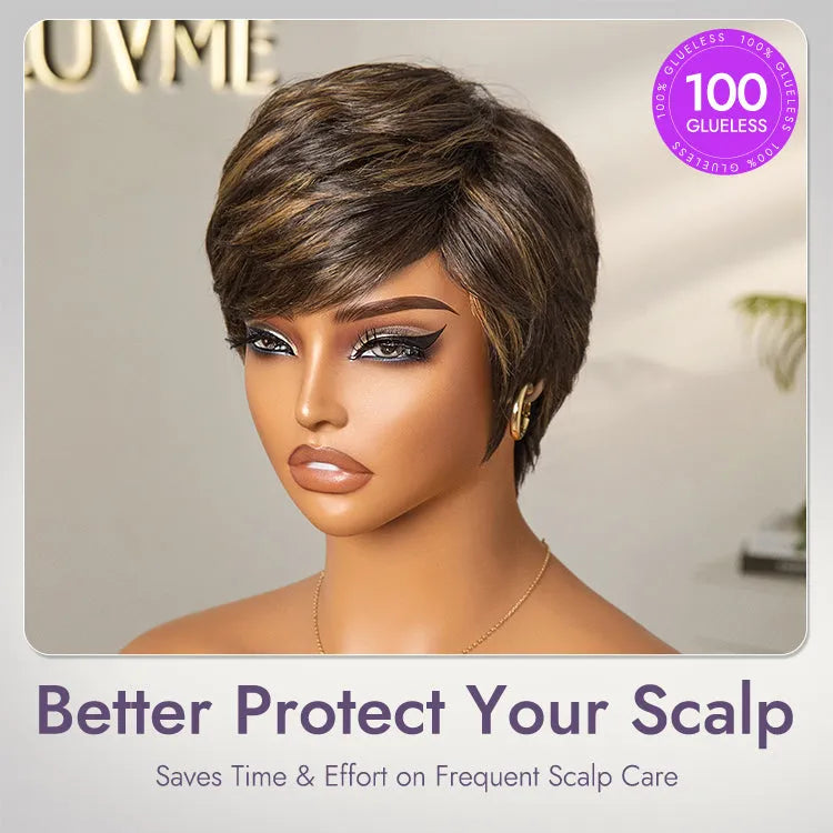 Mature Boss Glueless Throw On & Go Short Pixie Cut Wig with Bangs Breathable Cap - US Only