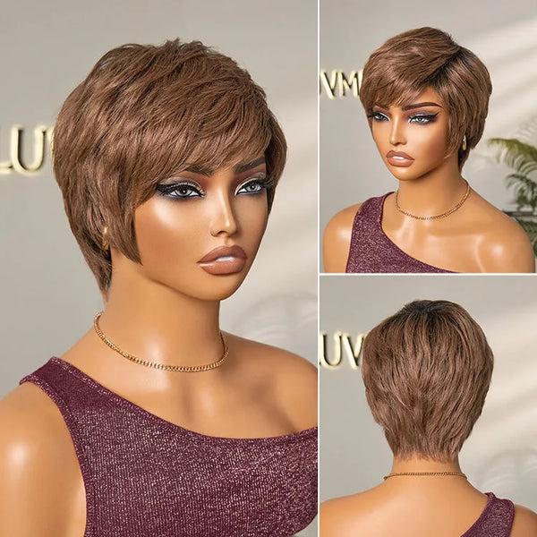 Mature Boss Glueless Throw On & Go Short Pixie Cut Wig with Bangs Breathable Cap - US Only