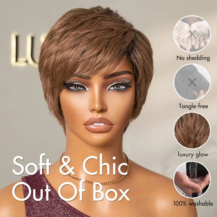 Mature Boss Glueless Throw On & Go Short Pixie Cut Wig with Bangs Breathable Cap - US Only