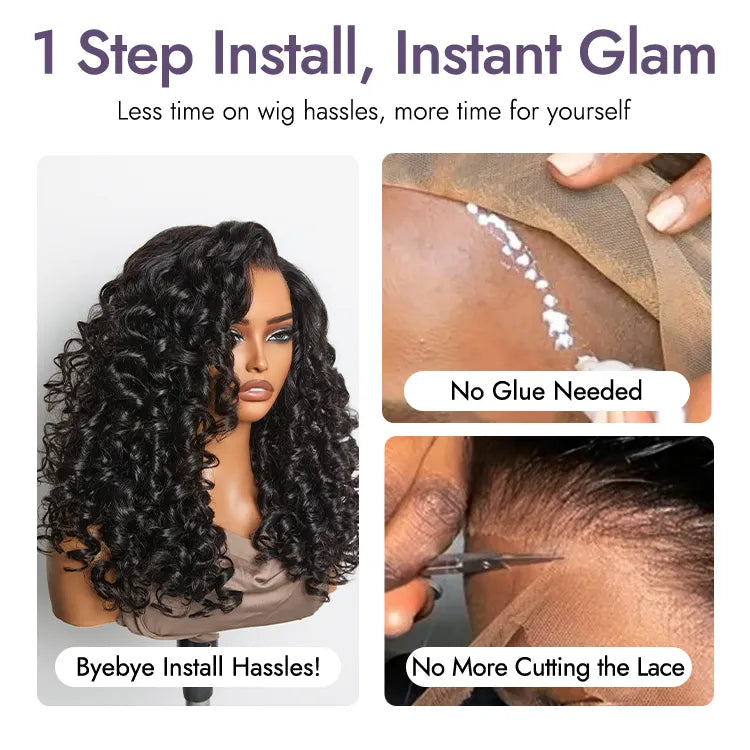 180% Density Bouncy Curls Glueless 5x5 Closure Pre-Cut Lace Layered Curly Wig Breathable Cap