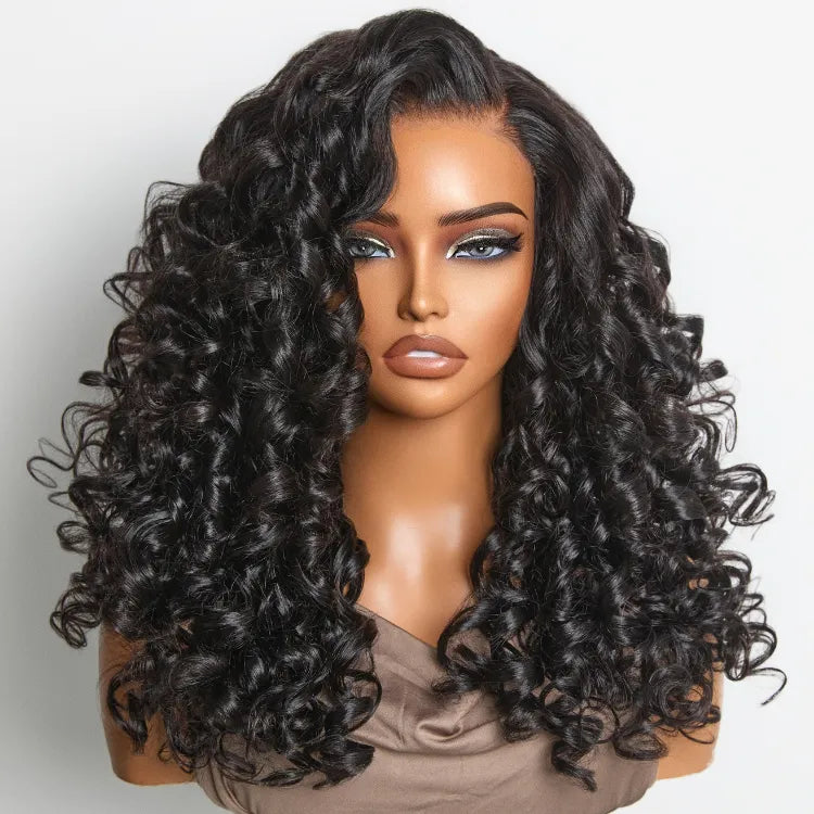 180% Density Bouncy Curls Glueless 5x5 Closure Pre-Cut Lace Layered Curly Wig Breathable Cap Main image