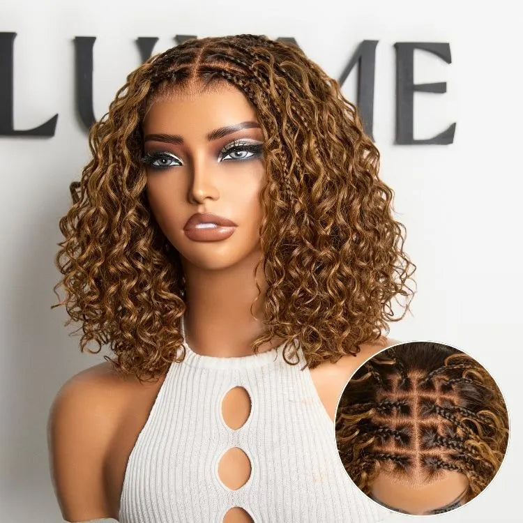 Readitress™ Ombre Brown Highlight Boho Braids Deep Curly Glueless 5x5 Closure Lace with Braided Top Human Hair Wig Pre-Cut Lace Main image