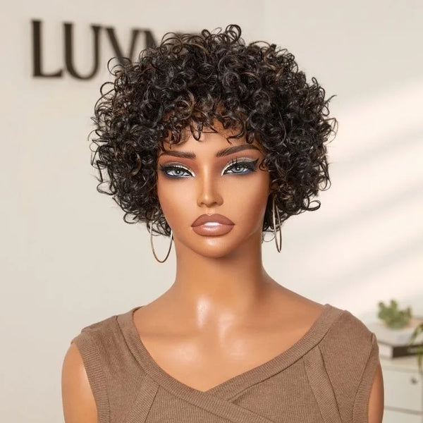 Throw On & Go Brown Highlight / Natural Black Short Bouncy Curls with Bangs Glueless Wig 100% Human Hair - US Only