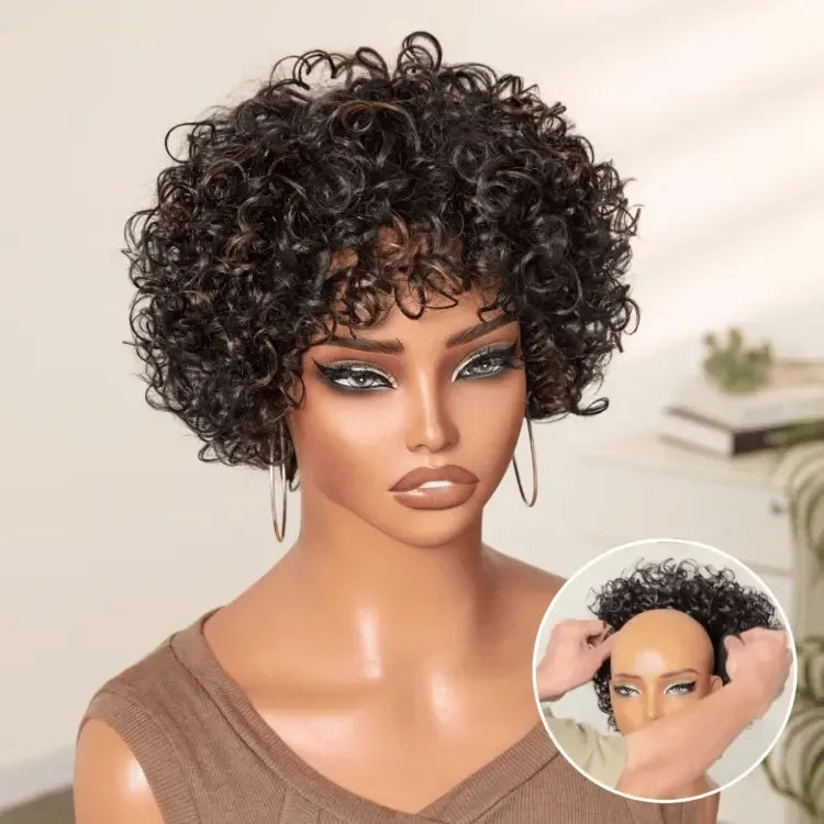 Throw On & Go Brown Highlight / Natural Black Short Bouncy Curls with Bangs Glueless Wig 100% Human Hair - US Only Main image