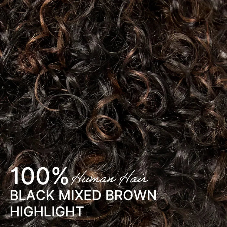 Throw On & Go Brown Highlight / Natural Black Short Bouncy Curls with Bangs Glueless Wig 100% Human Hair - US Only
