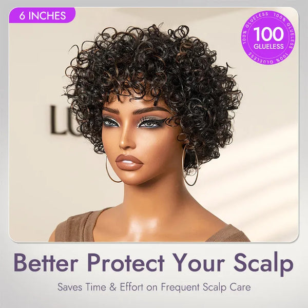 Throw On & Go Brown Highlight / Natural Black Short Bouncy Curls with Bangs Glueless Wig 100% Human Hair - US Only