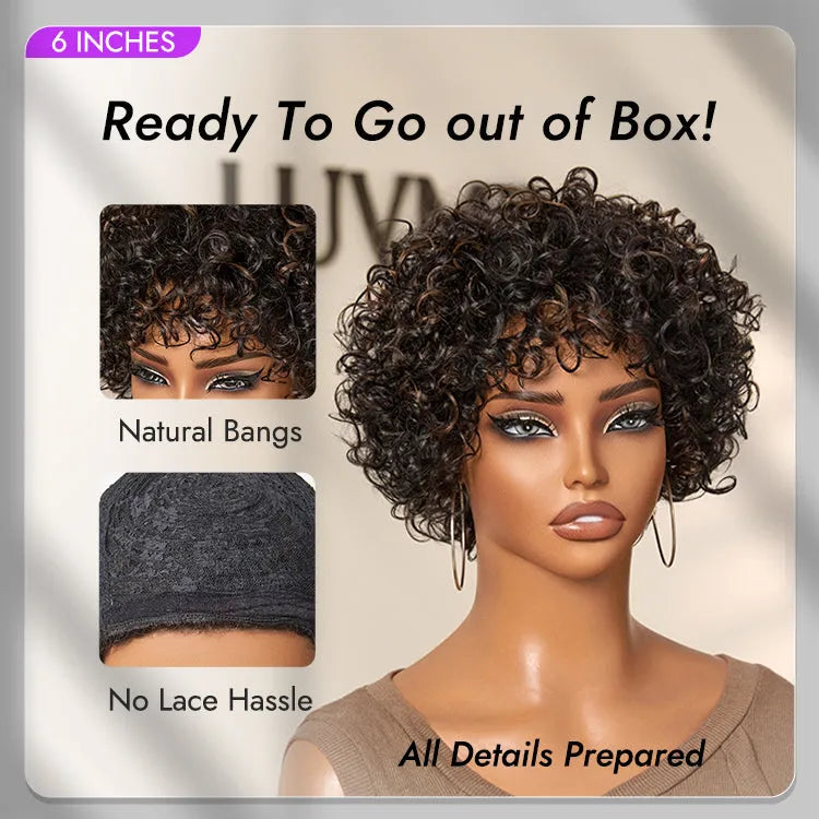 Throw On & Go Brown Highlight / Natural Black Short Bouncy Curls with Bangs Glueless Wig 100% Human Hair - US Only