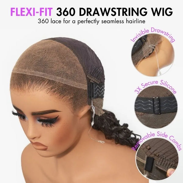 PreMax Wigs | Flexi-Fit Invisi Drawstring Cap 360 HD Lace Water Wave / Body Wave / Straight Long Wig Pre-Cut Lace