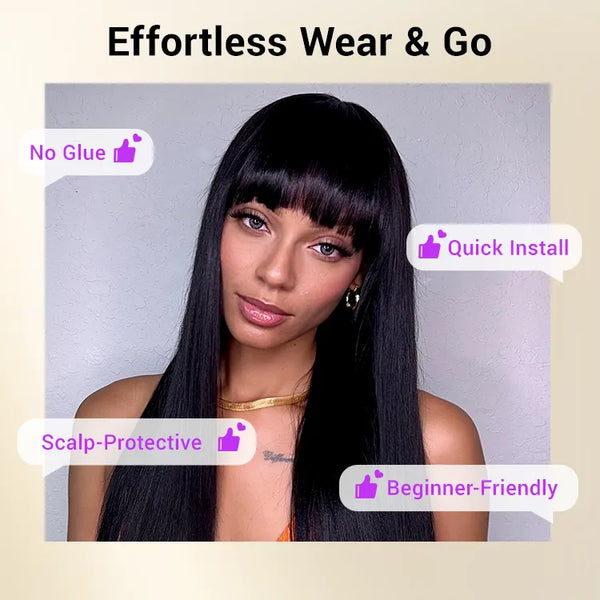 Breathable Cap Yaki Straight Ultra Natural Minimalist Lace Long Wig with Bangs