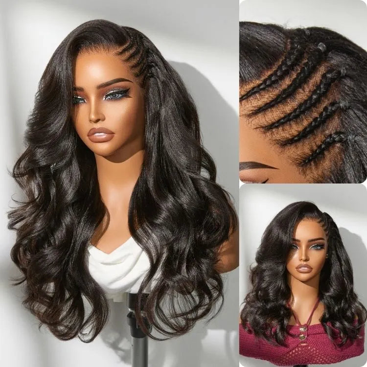 Readitress™ Side Braided Yaki Body Wave Glueless Ear-to-ear 13x6 Frontal HD Lace Wig Human Hair Flexi-Fit Drawstring Cap Main image