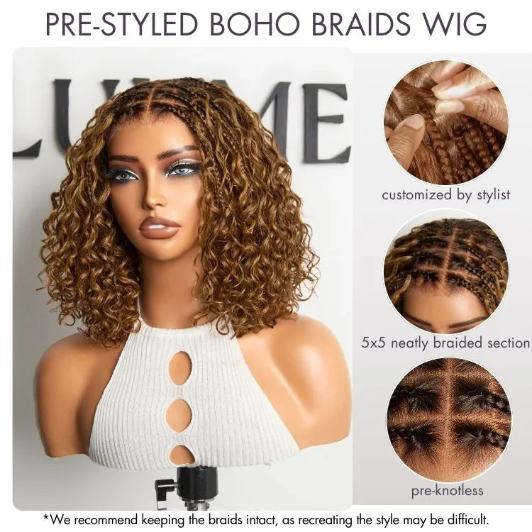 Readitress™ Ombre Brown Highlight Boho Braids Deep Curly Glueless 5x5 Closure Lace with Braided Top Human Hair Wig Pre-Cut Lace Secondary image