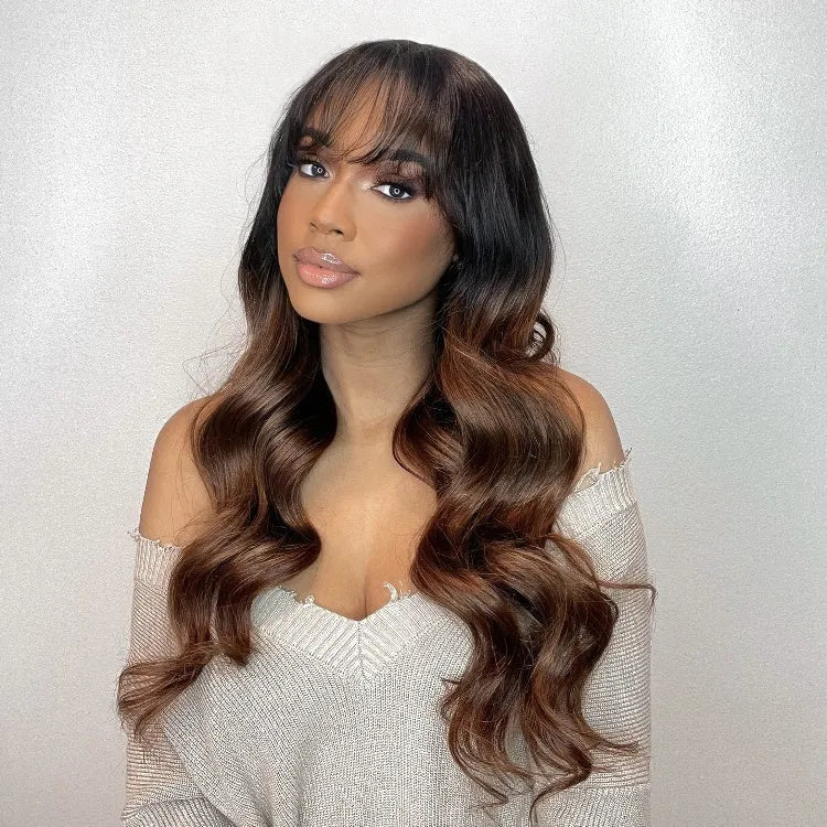 Letitia Chestnut Brown Ombre Loose Body Wave With Blunt Bangs 5x5 Closure Lace Glueless Wig | Large & Small Cap Size Main image