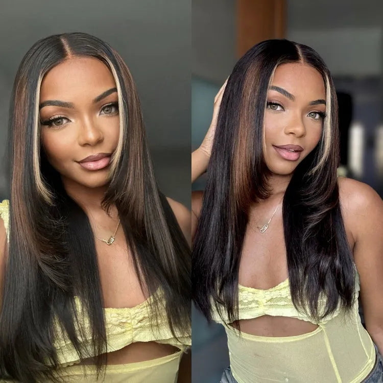 Luxurious Combo Color Highlights Silky Layered Cut Glueless 5x5 Closure HD Lace Wig