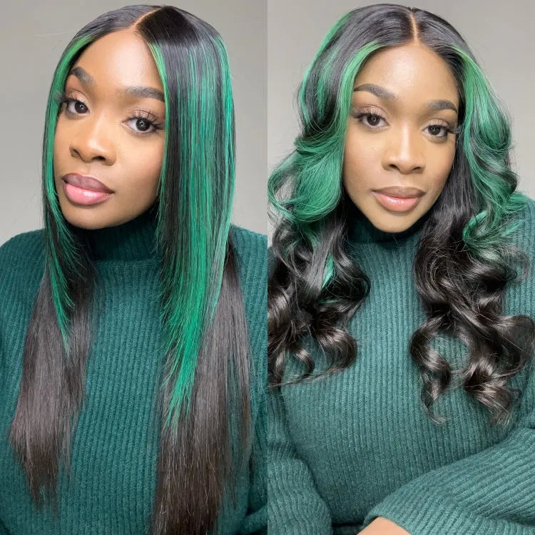 Green Highlight Silky Straight Glueless 5x5 Closure Lace Wig | Large & Small Cap Size
