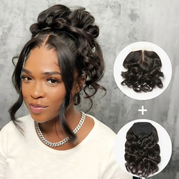Body Wave Updo Hairpiece with Clip-In 5x5 Lace Closure Bangs and Drawstring Ponytail Quick & Easy Main image