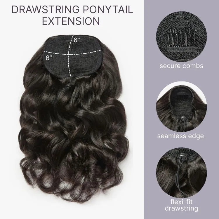Body Wave Updo Hairpiece with Clip-In 5x5 Lace Closure Bangs and Drawstring Ponytail Quick & Easy