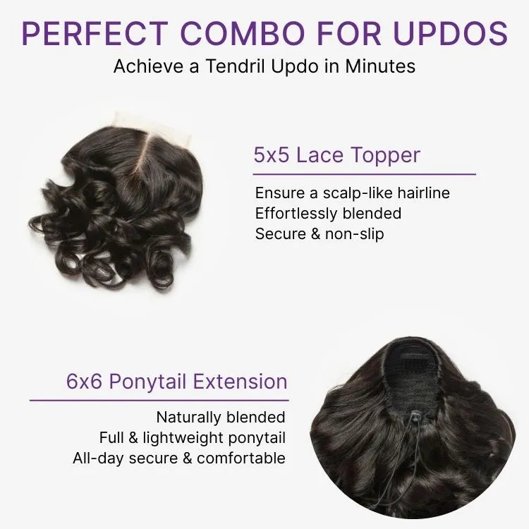 Body Wave Updo Hairpiece with Clip-In 5x5 Lace Closure Bangs and Drawstring Ponytail Quick & Easy