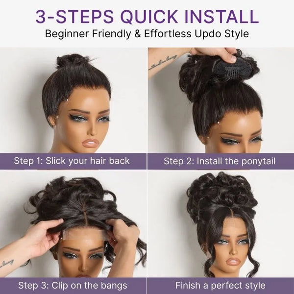 Body Wave Updo Hairpiece with Clip-In 5x5 Lace Closure Bangs and Drawstring Ponytail Quick & Easy