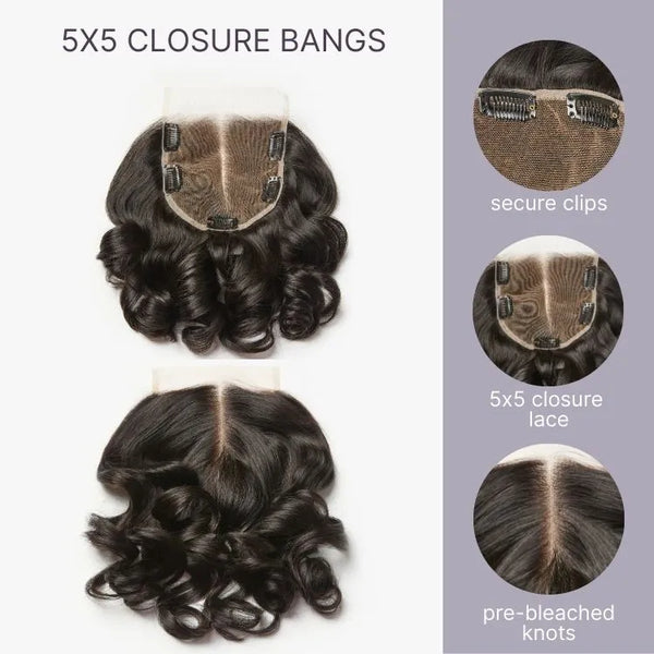 Body Wave Updo Hairpiece with Clip-In 5x5 Lace Closure Bangs and Drawstring Ponytail Quick & Easy