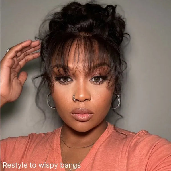 Body Wave Updo Hairpiece with Clip-In 5x5 Lace Closure Bangs and Drawstring Ponytail Quick & Easy