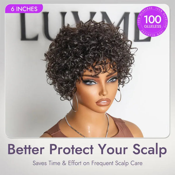 Throw On & Go Brown Highlight / Natural Black Short Bouncy Curls with Bangs Glueless Wig 100% Human Hair - US Only