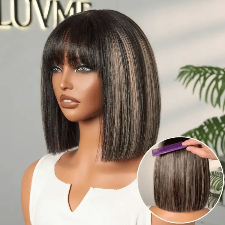 Put On and Go Blonde Highlight Yaki Straight Blunt Cut Bob Glueless Minimalist Lace Short Wig with Bangs Main image