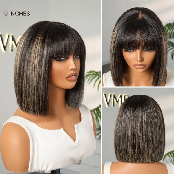 Put On and Go Blonde Highlight Yaki Straight Blunt Cut Bob Glueless Minimalist Lace Short Wig with Bangs