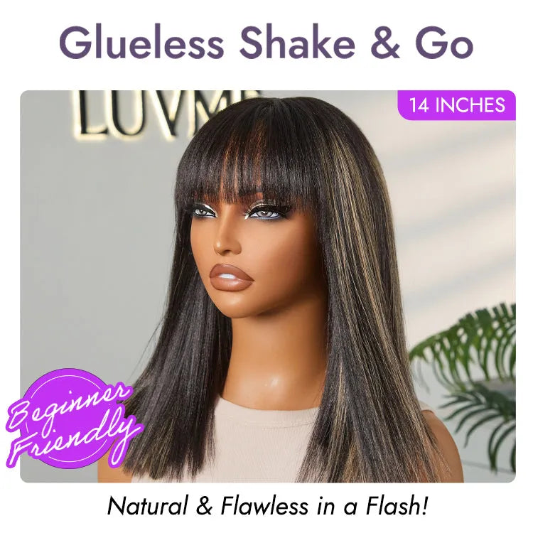 Put On and Go Blonde Highlight Yaki Straight Blunt Cut Bob Glueless Minimalist Lace Short Wig with Bangs Secondary image