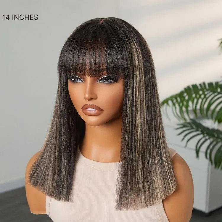 Put On and Go Blonde Highlight Yaki Straight Blunt Cut Bob Glueless Minimalist Lace Short Wig with Bangs