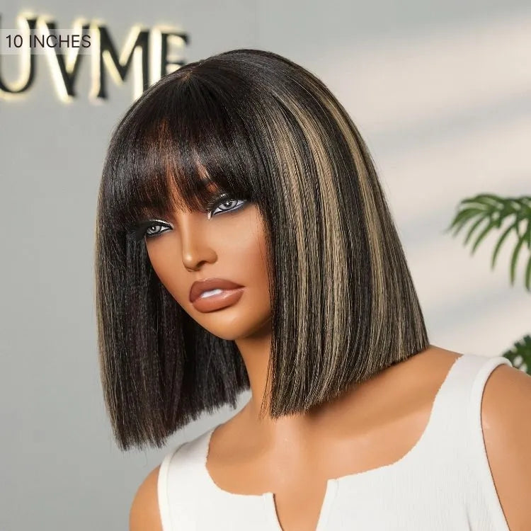 Put On and Go Blonde Highlight Yaki Straight Blunt Cut Bob Glueless Minimalist Lace Short Wig with Bangs