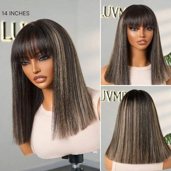Put On and Go Blonde Highlight Yaki Straight Blunt Cut Bob Glueless Minimalist Lace Short Wig with Bangs
